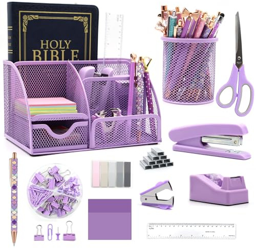 12-in-1 Purple Office Supplies Desk Organiser and Accessories Set, Office Supplies with Purple Stapler, Pen Holder, Tape Holder, Staples, Staple Remover for School and Gifts for Colleagues