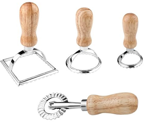 Relota 4 Pezzi Stampo per Ravioli, Stampi per Ravioli Set, Taglia Ravioli, Forme per Ravioli, Rotella Tagliapasta per Tortellini, Ravioli Maker con Manico in Legno, per Fare Pasta Gnocchi e Biscotti