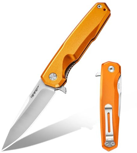 TONIFE Vision Outdoor Klappmesser mit 8Cr14MoV Klinge und Aluminiumgriff - Survival Messer mit Taschenclip - Bushcraft Messer (Orange - Satin)