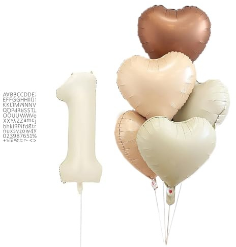 XL ballong siffra 1 gräddvit med 5 hjärtballonger, storlek XL, födelsedagsdekoration, 80 cm