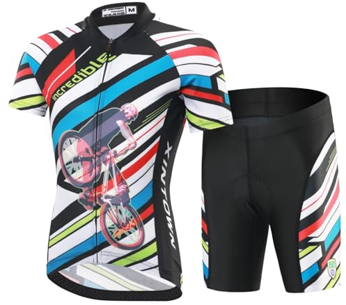 Amur Leopard Enfant Ensemble Maillot de Cyclisme à Manches Courtes + Cuissard Shorts avec Coussin pour Garçon Fille, Stripes-Set, S/3-4 Ans