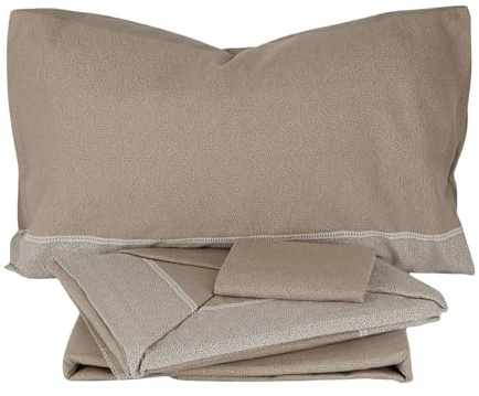 IL BOTTEGONE Set Lenzuola Una Piazza e Mezza Francese 100% Cotone, Completo 4 Pezzi con Lenzuolo Piano, Lenzuolo sotto con Angoli e 2 Federe per Cuscini (Crono Beige)