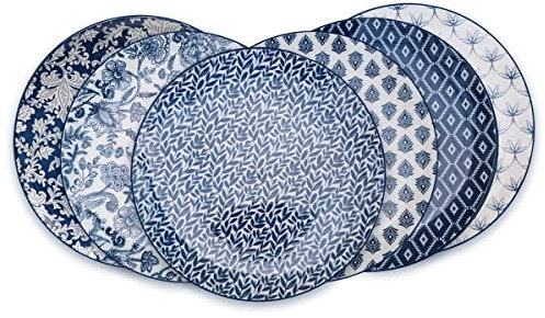 Artime - Lot de 6 Grandes Assiettes en Porcelaine Bleues et Blanches avec Motifs, Adaptées au Lave-vaisselle et Micro-onde