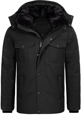 Tuopuda Abrigo Parka Térmico Hombre con Capucha Desmontable Chaqueta de Invierno para Hombre Parka Cortaviento con Cremallera(Negro,XL)