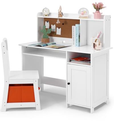 JOYLDIAS Kinderschreibtisch aus Holz, Kinder Schreibtisch mit Stuhl, Multifunktionaler Kinderlerntisch mit Ablageflächen und Stauraum/Weiß