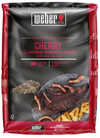Weber Pellets de madera de cerezo/madera de cerezo natural para barbacoas de pellets con sabor sutil, afrutado, dulce, ahumado, sin rellenos, ideal para cocción baja y lenta, bolsa de 8 kg