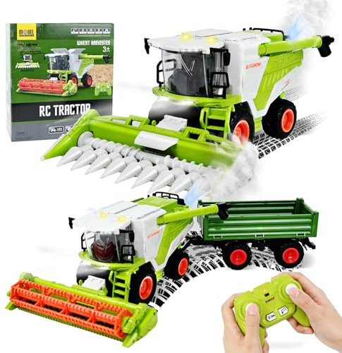 Joellfuner Ferngesteuerter Mähdrescher, RC Bauernhof Harvester Traktor, Mähdrescher mit Licht Ton und Sprühen, Erntetraktor Bauernhof Spielzeug, Mähdrescher Spielzeug für Kinder 3+ Jahren