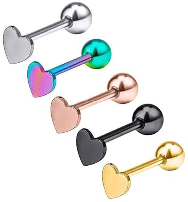Niaspi 5 st 14 g rostfritt stål hjärta tungringar set för kvinnor minimalistisk vintage flexibel tungpiercing skivstång brosk helix dubbar örhängen kroppspiercing smycken, En storlek, Rostfritt stål