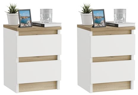ComfortCove Set om 2 Nattduksbord med 2 Lådor, Vit/Ek | Set med 2 Nattduksbord, Moderna Sängbord med 2 Lådor
