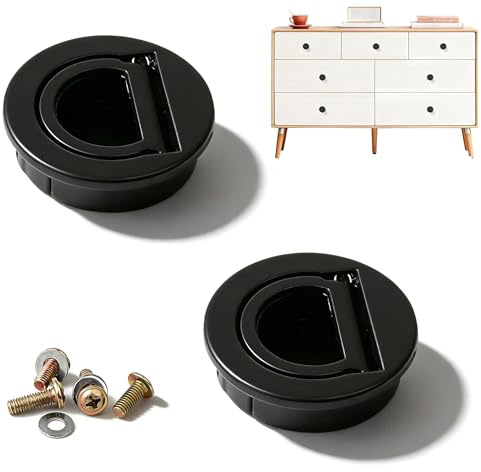 PHMING 2 Pièces Poignée Encastrable Noir, 4 cm de Diamètre, Poignée Ronde Encastrable, Poignee Meuble, avec Vis et Rondelles, Convient aux Tiroirs, Armoires, Commodes