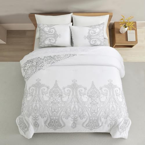 Sunshine Nicole Reversible Comforter Set, Brushed Microfiber Fabric with Embroidery for Front and Printed Microfiber Fabric for Reverse, 3 Pieces Grey White Queen