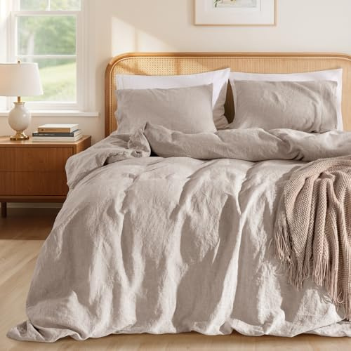 LBRO2M 100% France Linen Duvet Cover Set Cal King Size 3 Pcs Natural Flax Comforter Cover with Zipper Closure 2 Pillowcase Breathable Duvet Cover (Linen California King)
