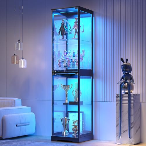 FREDEES Glass Display Cabinet with LED Lights, 165CM Tall, Black