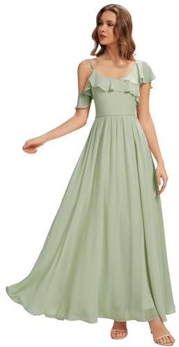 Ever-Pretty Abiti da Damigella Collo Asimmetrico Maniche Corte Chiffon Maxi Gonna Svasata Menta Verde 42