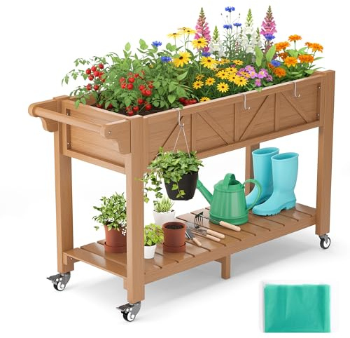 Jacklin F Vaso Fioriera Rialzato HIPS 120x44x70cm con Ruote, Maniglie, 3 Ganci e Fodera in TNT, per Orto, Balcone, Terrazza, Ideale per Verdure, Fiori ed Erbe Aromatiche, Effetto teak