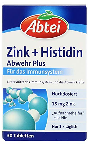 Abtei Zink + Histidin Abwehr Plus - hochdosiert - Nahrungsergänzung für das Immunsystem - mit Histidin - 1 x 30 Tabletten