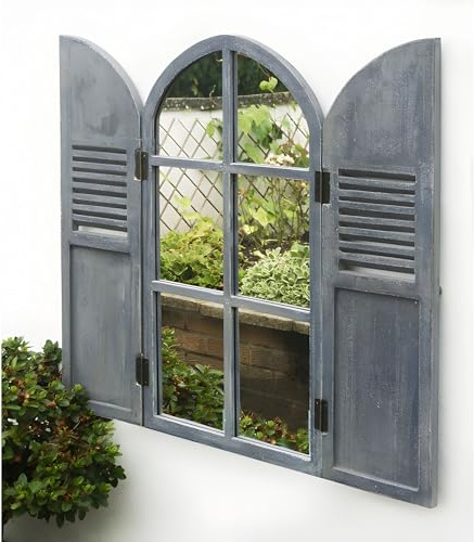Reflect 2ft 9in x 1ft 6in Arched Glass Garden Mirror with Wooden Shutters
