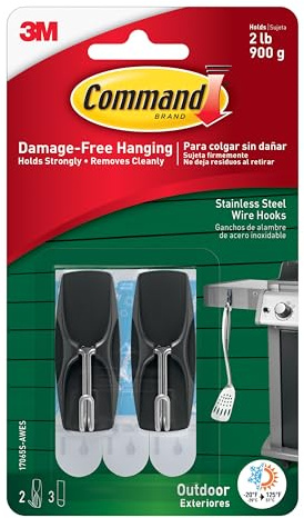 Command Ganchos de alambre de acero inoxidable negro para exteriores, 2 ganchos, 3 tiras adhesivas, para colgar sin daños