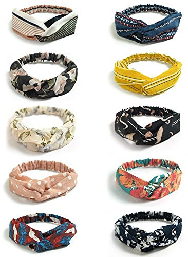 DRESHOW Boho Bandeaux pour Femmes Vintage Fleur Imprimé Criss Cross Noué Élastique Bande De Cheveux Stretchy Head Wrap Twisted Mignon Accessoires De Cheveux 10 Pack