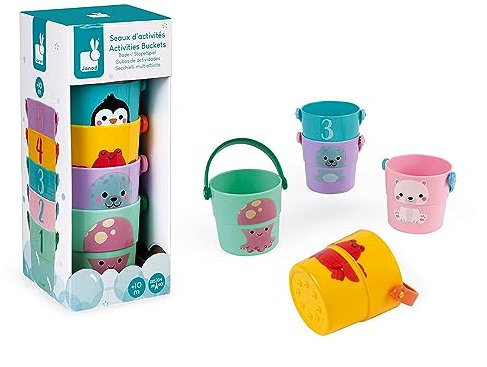 Janod - 5 Spieleimer für die Badewanne - Baby- und Kleinkindspielzeug - Handhabung und Geschicklichkeit - Lernen der Zahlen - Ab 10 Monaten, J04724