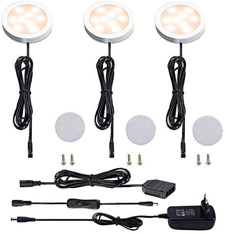AIBOO LED Lampe Sous Meuble Cuisine, Rond Ultra Slim Eclairage Encastré pour Placard, Contrer, L'armoire, Étagère, Prise Européenne, 3 Paquets Lumières LED pour vitrine 12V 6W (Blanc Chaude2700K)