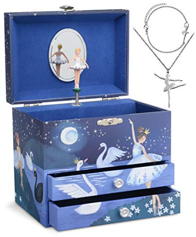 Jewelkeeper Ballerina Jewelry Box - Music Box for Girls - Little Girls Wooden Jewelry Set of 3 with Ballerina Bracelet and Necklace - Swan Lake Tune - Blue Glitter Design - 17.1 x 11.4 x 14.9 cm