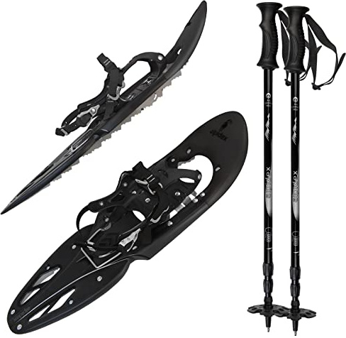 ALPIDEX Schneeschuhe 29 INCH Schuhgröße 38-46 bis 140 kg Steighilfe Tragetasche Optional Stöcke, Farbe:Black mit Stöcken