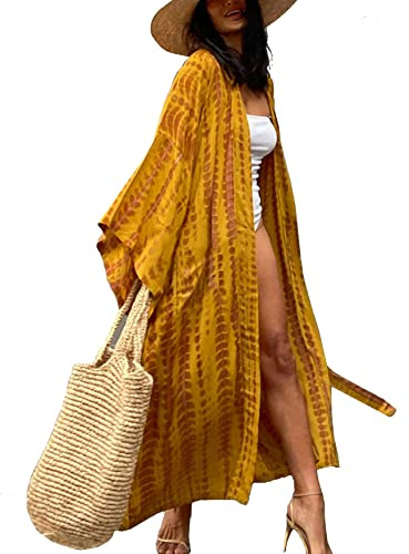 HYUET Mujer Kaftan Vestido de Playa Tie Dye Algodón Cárdigan Maxi Kimono Pareos y Camisola Camisas Playa Bohemia Boho Suelto Verano Traje de Baño Bikini Cover Up Talla Grande Elegante