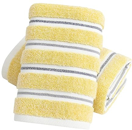 YiLUOMO Yellow Hand Towel Set of 2 Ribbed Striped Pattern 100% Cotton Soft Absorbent Decorative Hand Towel for Bathroom 13 x 29 Inch