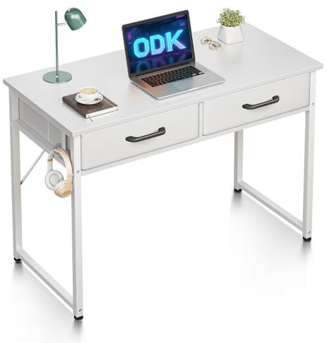 ODK Schreibtisch mit 2 Schubladen, 100x40x78.7cm Klein Schreibtisch mit Kopfhörer Halter, Bürotisch PC Tisch Officetisch für Büro, Wohnzimmer, Home Office, Weiß