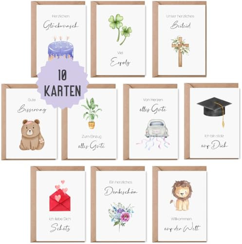 Grußkarte Set inklusive Umschläge | 10 Karten für Geburtstag, Geburt, Taufe, Danke, Gute Besserung, Umzug, Prüfung, Birthday Hochzeit | Glückwunschkarten für verschiedene Anlässe (Mix Set)