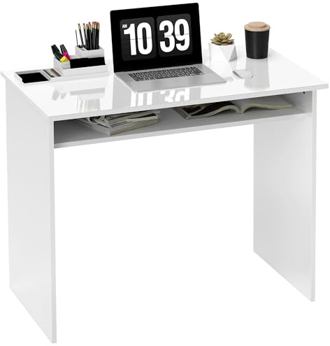 HOMCOM Modern Computer Desk, Home Office Table, Small Writing Desk with Storage Shelf, 90 x 50cm, High Gloss White