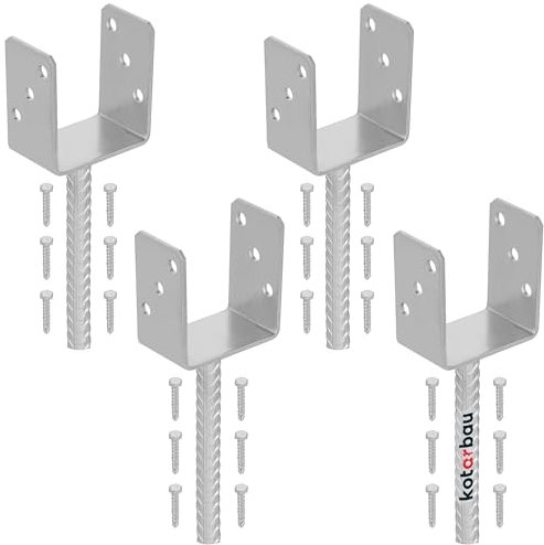 KOTARBAU® Juego de 4 soportes para postes de hormigón, U 91 mm, galvanizado en caliente, acero galvanizado, anclajes para postes de madera, anclaje de poste, anclaje de suelo, soporte para postes,