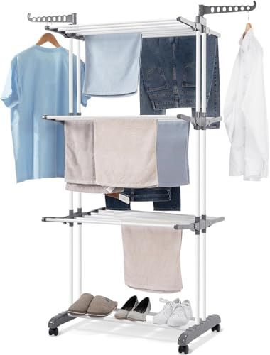 Efforias 4-Tier Clothes Drying Rack | Stainless Steel Foldable Laundry Rack | Large Adjustable Clothes Hanger for Indoor and Outdoor | Space-Saving Portable Indoor Airer | Drying Rack Tower Dryer