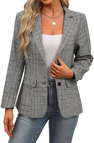 ELLEVEN Womens Casual Plaid Blazer Lapel Collar Double Button Long Sleeve Boyfriend Blazer Suit Houndstooth Plaid Blazer Jacket Business Work Office Blazer Suits Black Plaid Large