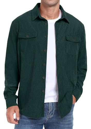 QIXING Chemise boutonnée en velours côtelé à manches longues pour homme - Veste de camionneur d'automne et d'hiver avec poches à rabat, vert foncé, S