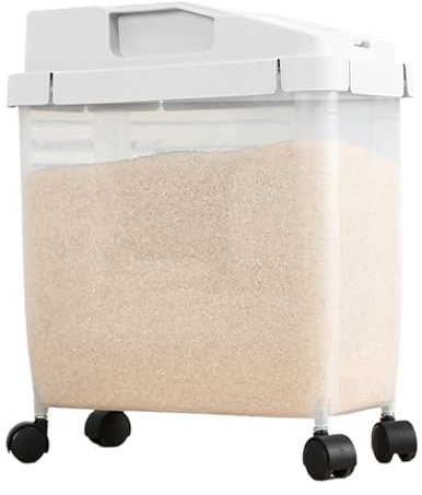 Rice Container 22LBS Rice Dispenser Capacity with Wheels Moisture-Proof Rice Bucket with Measuring Cup ＆ Top Compartment Transparent BPA Free Plastic Rice Storage for Dry Food Rice Container
