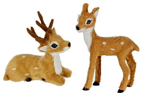 Flair Flower Tierfigur REH aus Kunstfell Realistisches Waldtier Statue Ornamente niedliches Pelz Plüschtier Wald-Pelztier Weihnachtsdeko Winterdeko, 2er Set