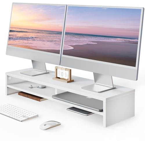 Fenge Dual Monitorständer Riser 2 Etagen Bildschirmständer für Computer PC Laptop Drucker TV, Schreibtisch Organizer Tragfähigkeit 25KG, 80x23,5x14,2cm (Weiß)