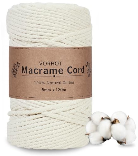 VORHOT Hilo Macrame 5mm Beige, 120M Cuerda, Cordon Macrame 5mm Natural, Cordón de Algodón de Macramé para Tapices, Colgadores Plantas, Manualidades Bricolaje, Hogar Decoracion Bohemia