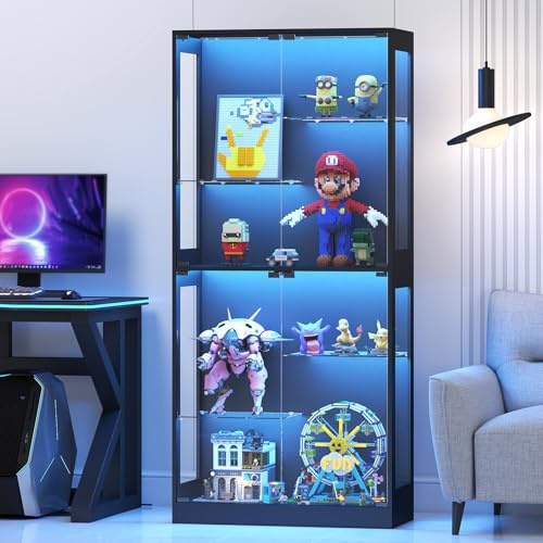 Lamtor Glasvitrinen Stehend mit LED Beleuchtung – 175 cm Glas Vitrinenschrank Wohnzimmer, Vitrine mit Verstellbares Regal, APP & Remote Control 6000+RGB (Schwarz)