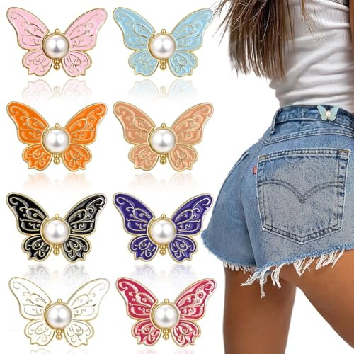 Nogeqi 8 Sets Butterfly Pant Waist Tightener for Women, Adjustable Jean Buttons for Loose Jeans, Decorative Detachable Pants Clips to Tighten Waist, No Sew and No Tools Required