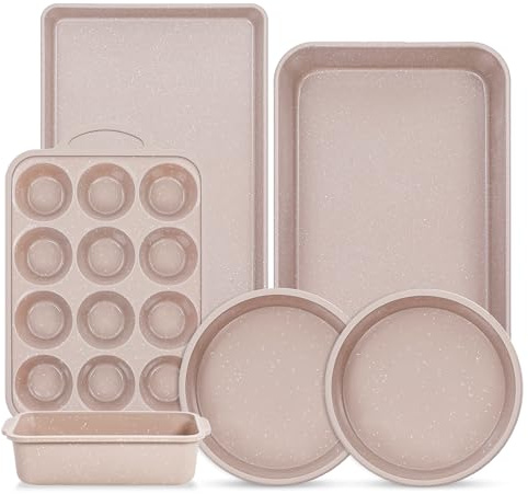 AOTASO 6 Pcs Baking Pans Set, Silicone Bakeware Sets with Metal Reinforced Frame, Nonstick Stackable Carbon Steel Non Toxic Baking Sets for Cooking (Brown)