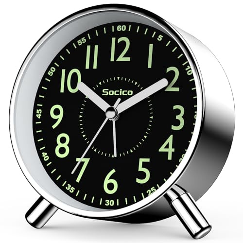 SOCICO Despertador Analógico, Reloj de Cabecera Redondo Retro de Metal – a Pilas con Luz Nocturna y Función Snooze, para Oficina, Dormitorio, Viaje, Regalo para Niños y Adultos (Negro Plateado)