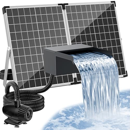 POPOSOAP Solar Pond Waterfall Kit 55W, 304 Stainless Steel Spillway Box with Multi-Filtration, Pond Pump with Filter System, 9.8ft Reinforced PU Corrugated Hose for Garden Water Features