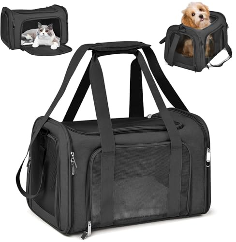 Staranry 45x30x30 cm Sac de Transport pour Chat d'Extérieur Pliable et Respirant, Caisse de Transport Chat avec Matelas Souple, Sac Chat Transport pour Chat et Chien Voyage en Train/Voiture(Noir)