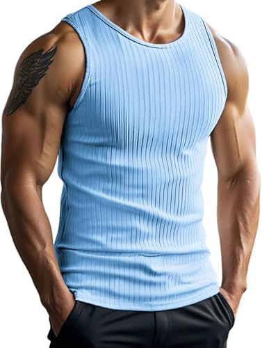 PINSPARK Herr ärmlös tank linne gym fitness ribbad sport andningsbar löpning smal passform bodybuilding T-shirts, Ljusblå, L