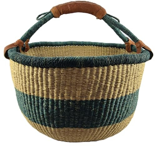 Cesto Rotondo Bolga Grande circa Ø 40 x 40 cm – Artigianale dal Ghana – Fair Trade – Cesto per la spesa con manico in pelle – Verde Scuro-Naturale
