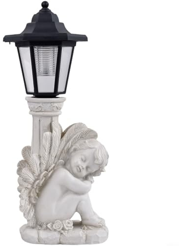 TONIXY Statua antica a colonna romana a forma di angelo inginocchiato, con luce solare per esterni, in resina, resistente alle intemperie, ornamento da giardino in grigio per vialetto o patio (angelo