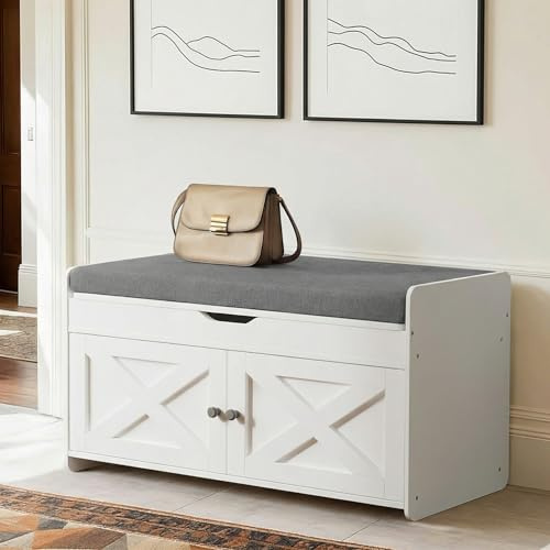Amada Shoe Storage Bench with Cushioned Seat, 31.5 Small Entryway Bench with Lift Top Storage, Adjustable Shelves, 300 lb Capacity Shoe Bench for Entryway, Bedroom, Living Room, Classic White